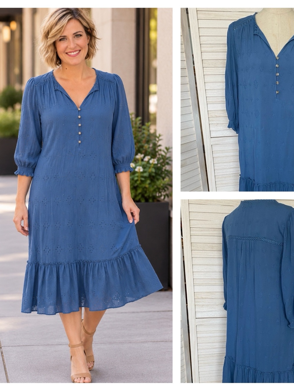 Democracy Blue Eyelet Midi Ruffle Dress SZ M NWT